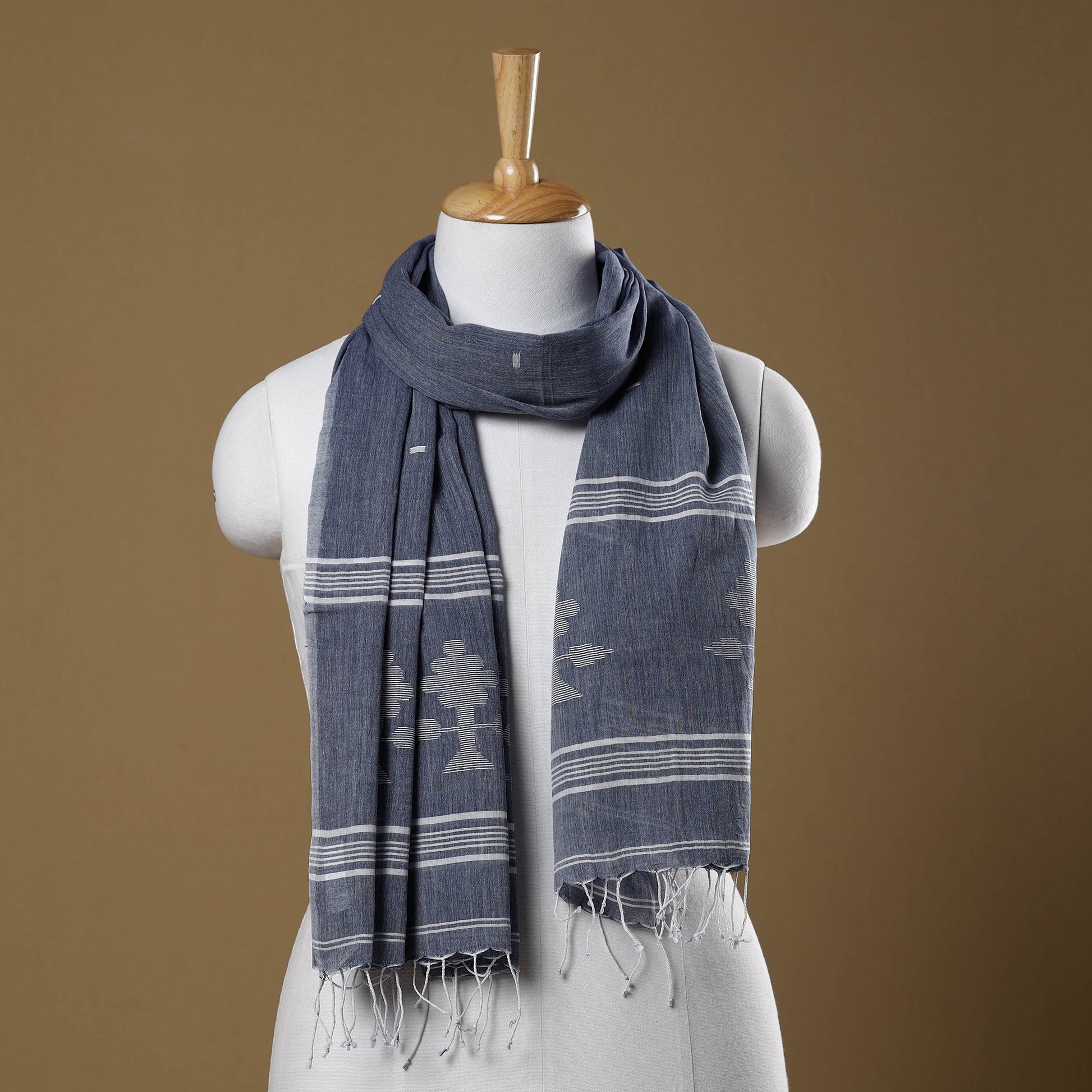 Blue - Burdwan Jamdani Buti Handloom Cotton Stole with Tassels