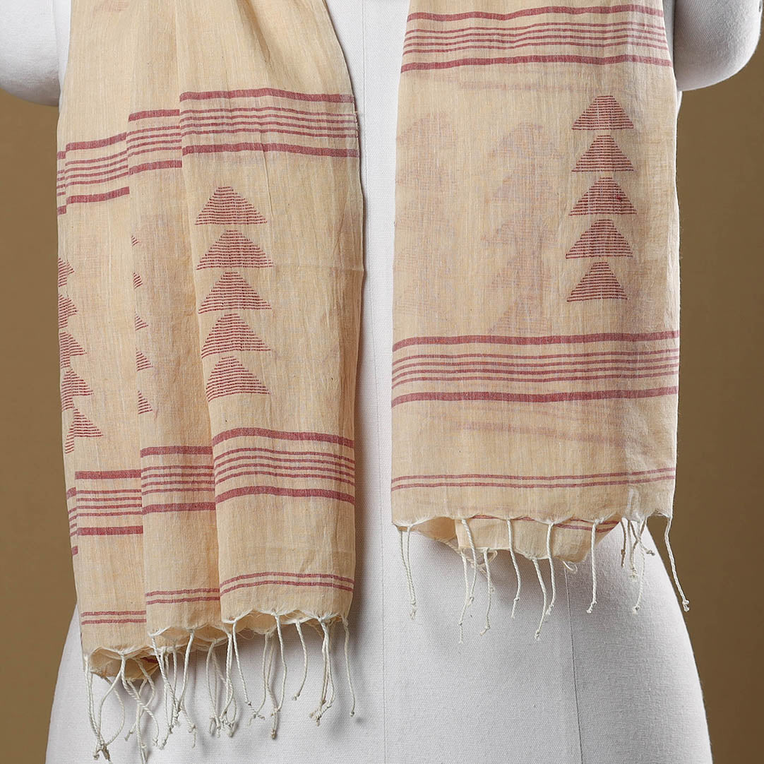 Beige - Burdwan Jamdani Buti Handloom Cotton Stole with Tassels