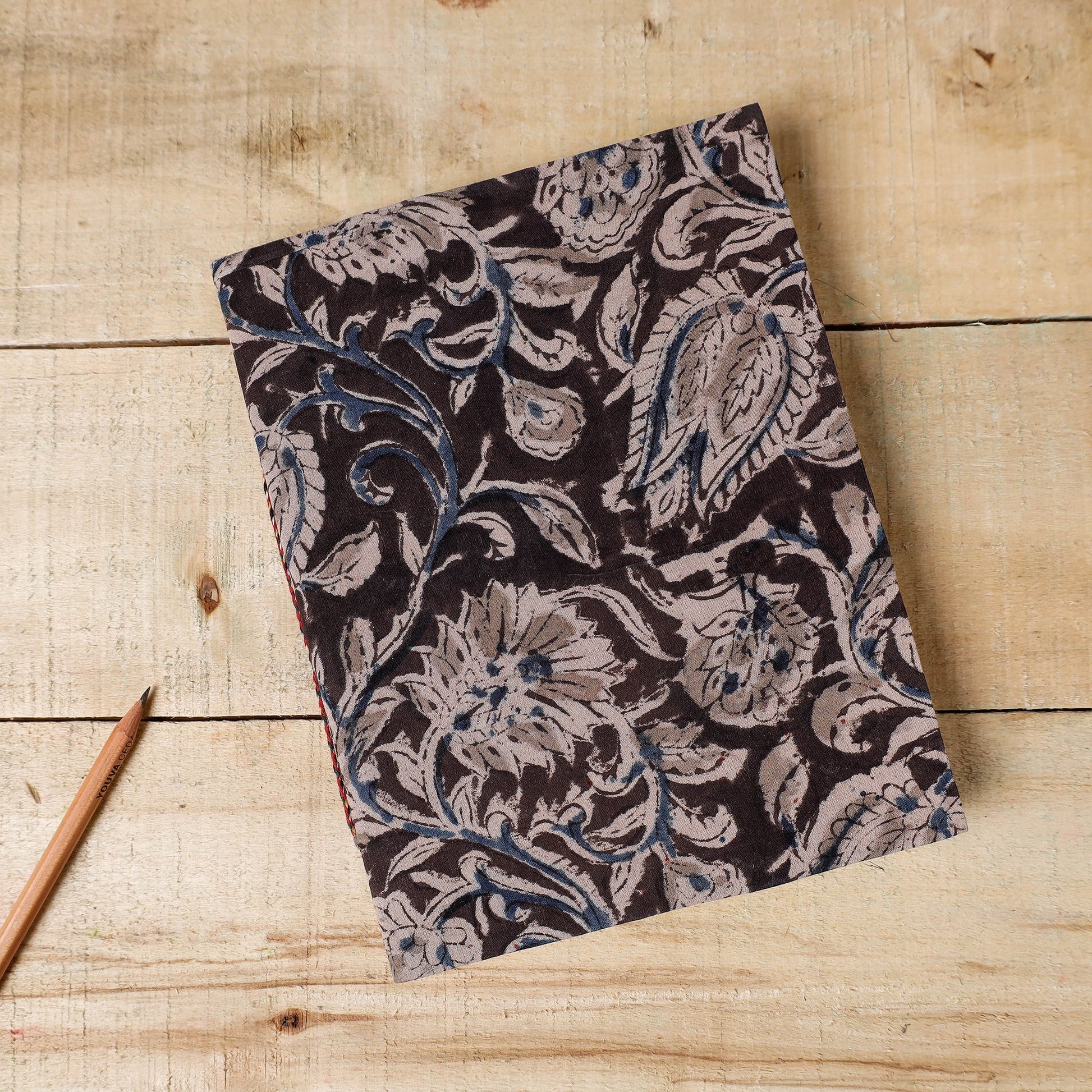 Black - Kalamkari Fabric Cover Handmade Paper Notebook (9 x 7 in)
