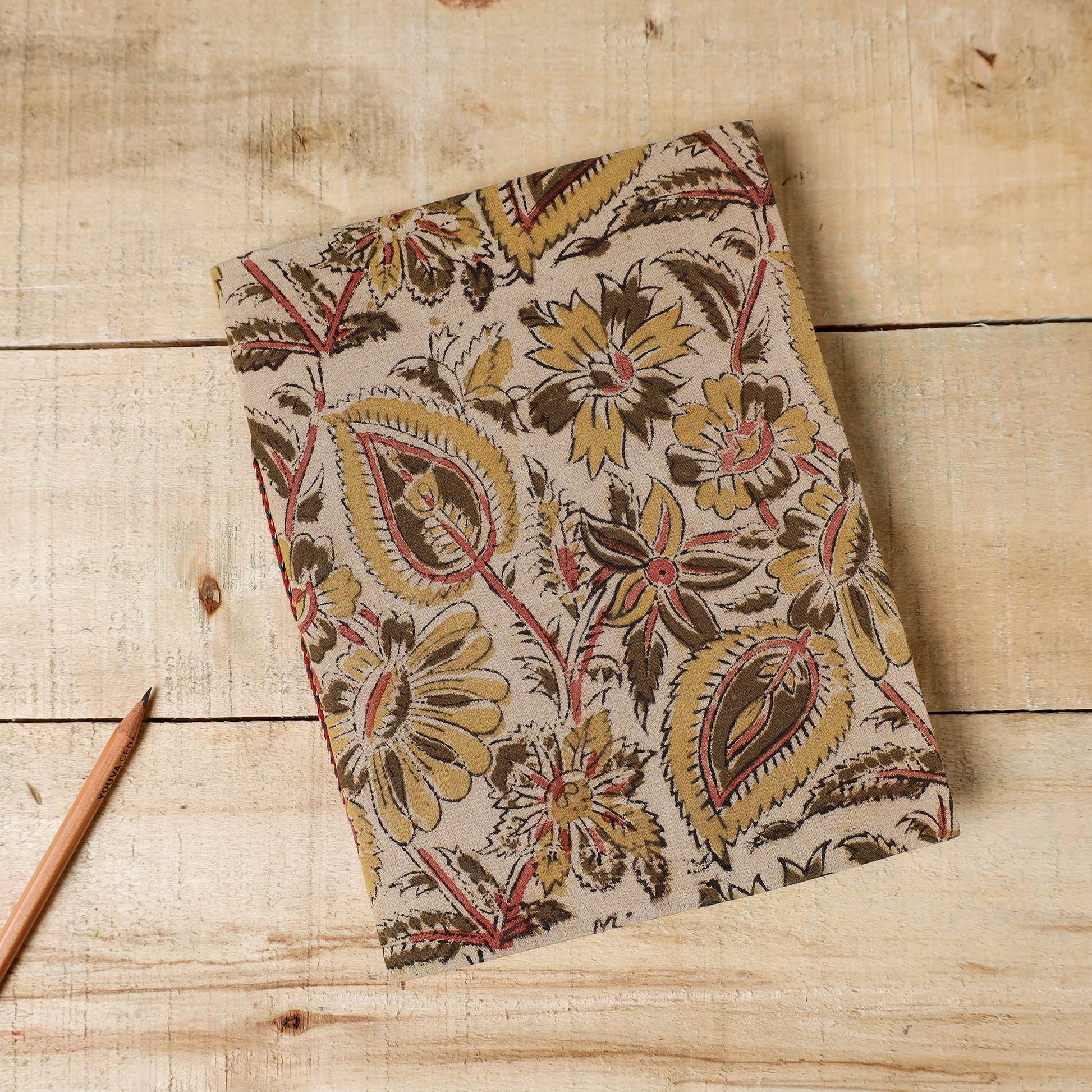 Beige - Kalamkari Fabric Cover Handmade Paper Notebook (9 x 7 in)