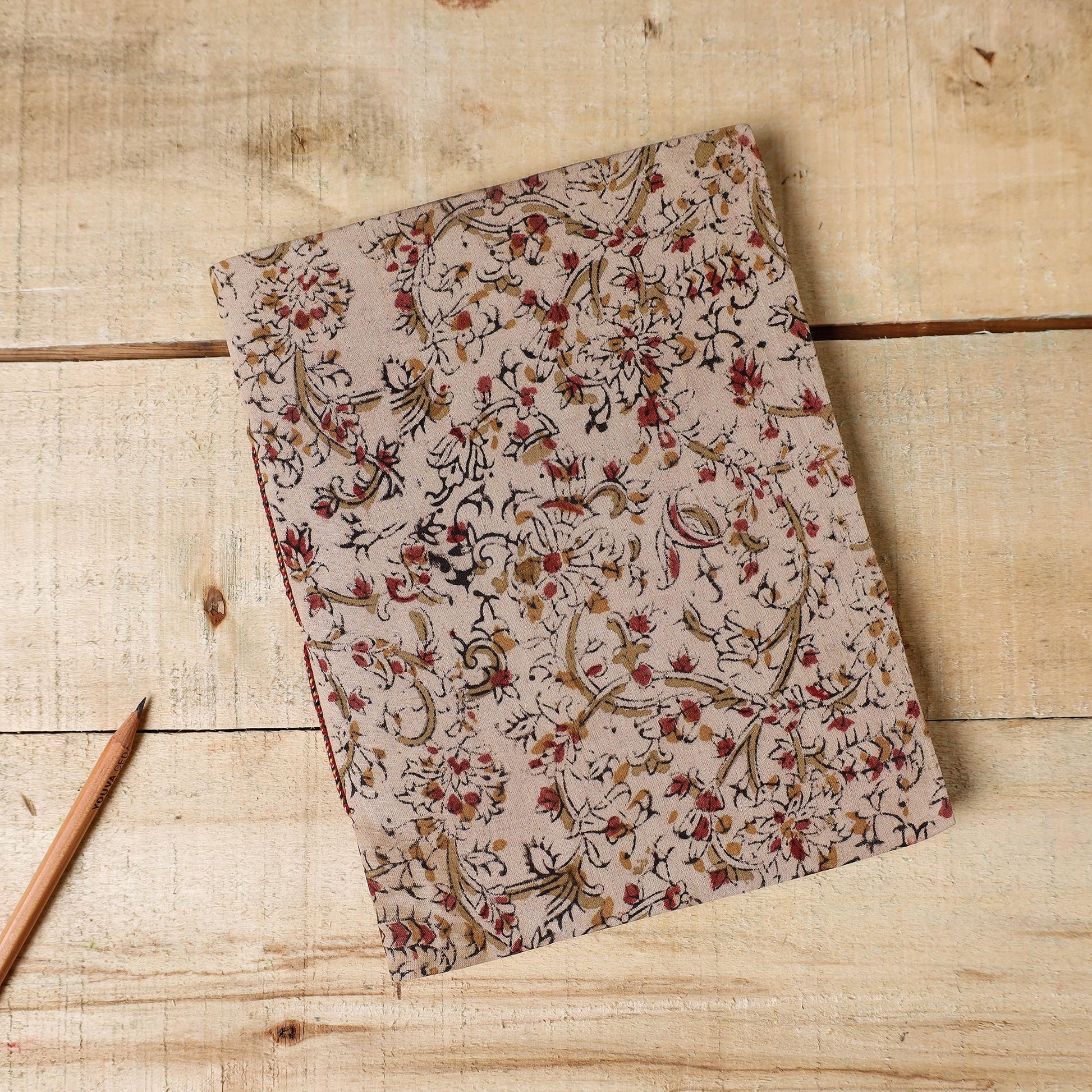 Beige - Kalamkari Fabric Cover Handmade Paper Notebook (9 x 7 in)