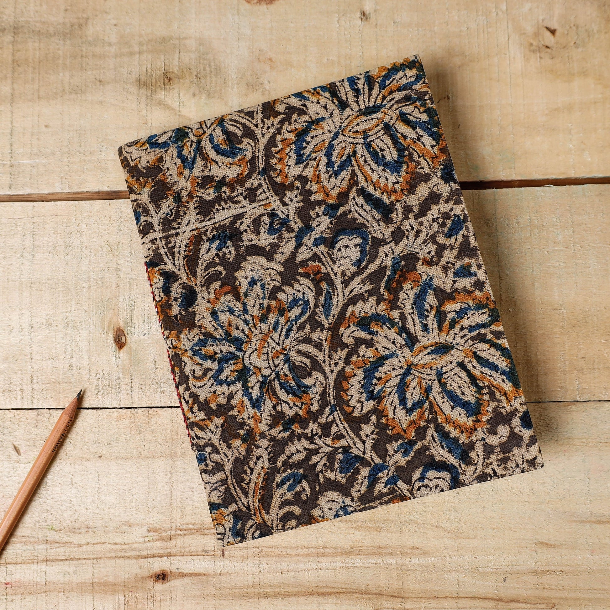 Brown - Kalamkari Fabric Cover Handmade Paper Notebook (9 x 7 in)