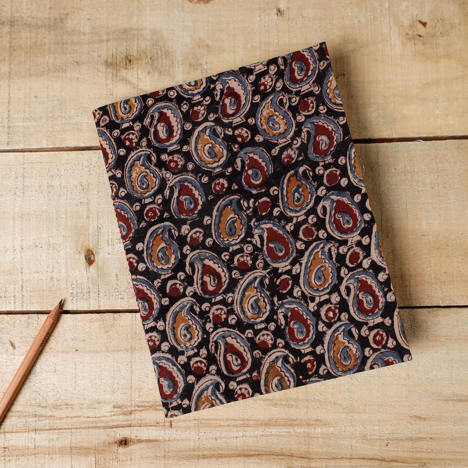 Black - Kalamkari Fabric Cover Handmade Paper Notebook (9 x 7 in)