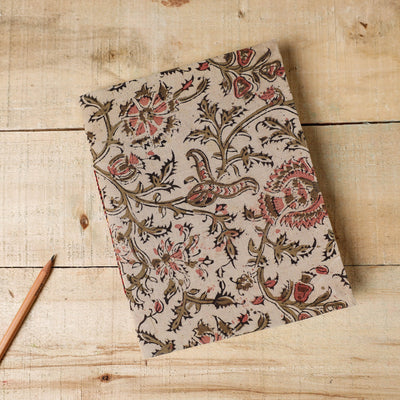 Beige - Kalamkari Fabric Cover Handmade Paper Notebook (9 x 7 in)