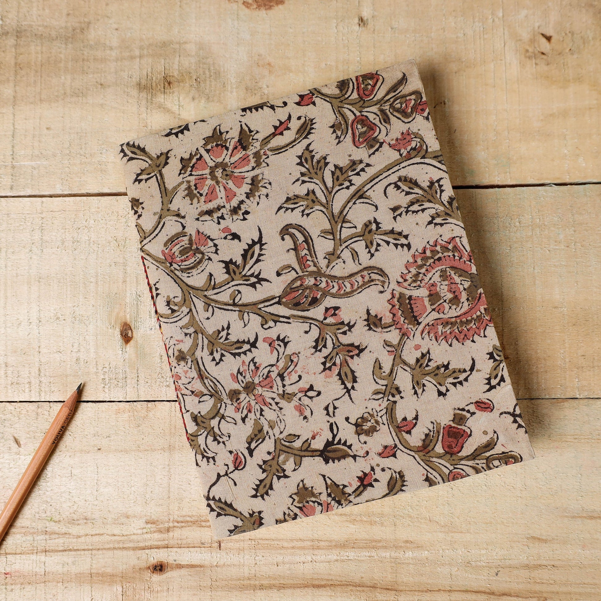Beige - Kalamkari Fabric Cover Handmade Paper Notebook (9 x 7 in)