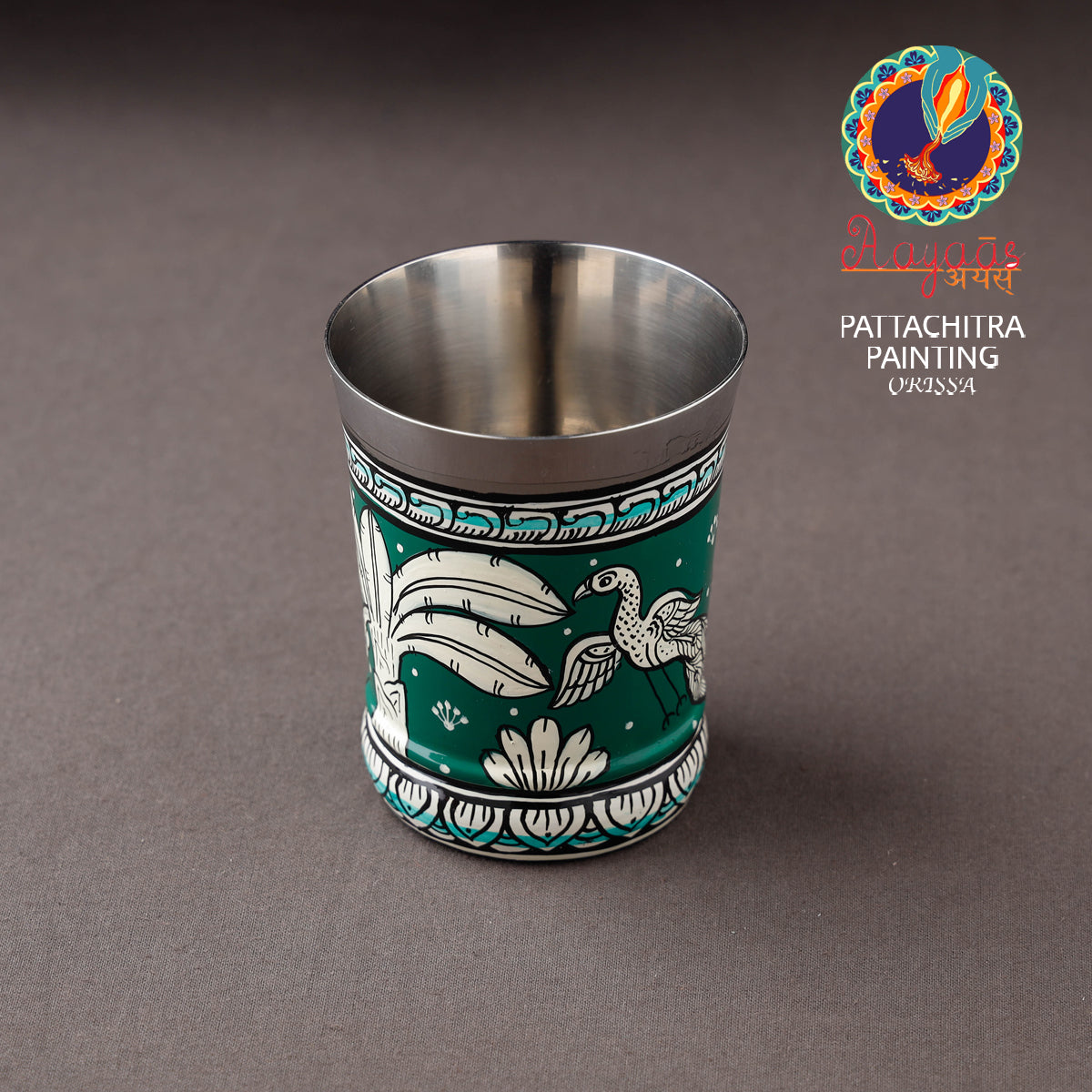 Green - Odisha Pattachitra Handpainted Stainless Steel Glass