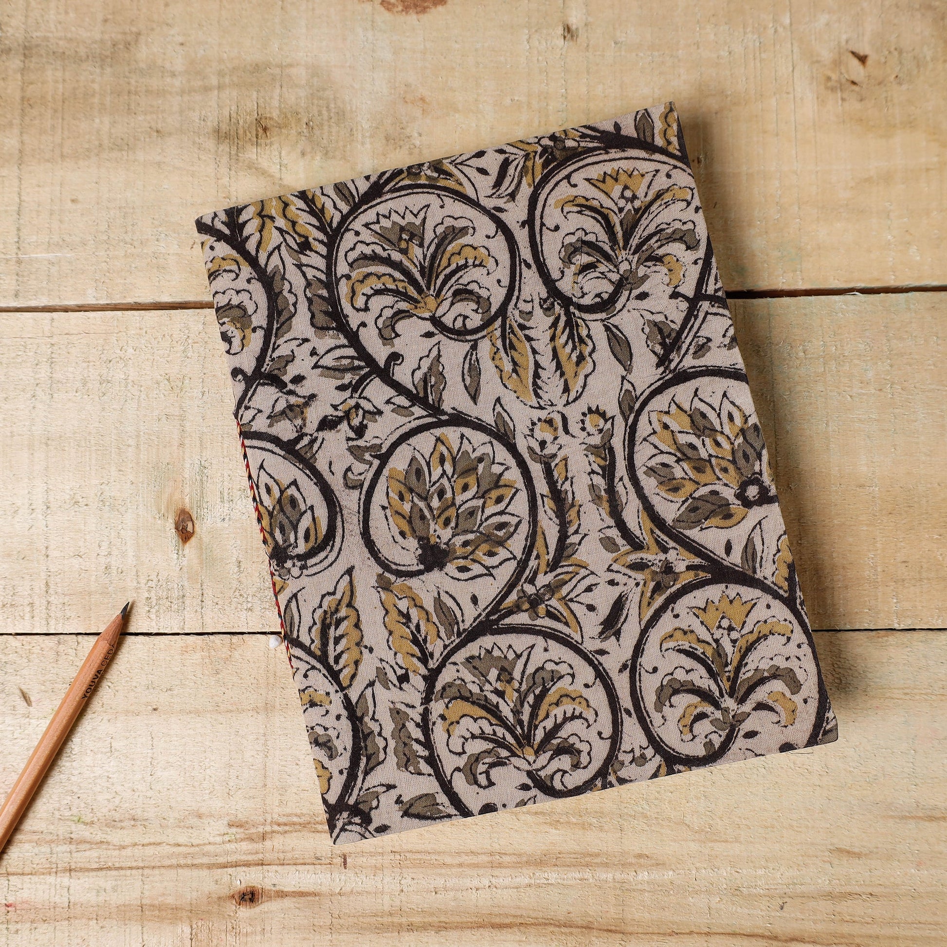 Beige - Kalamkari Fabric Cover Handmade Paper Notebook (9 x 7 in)