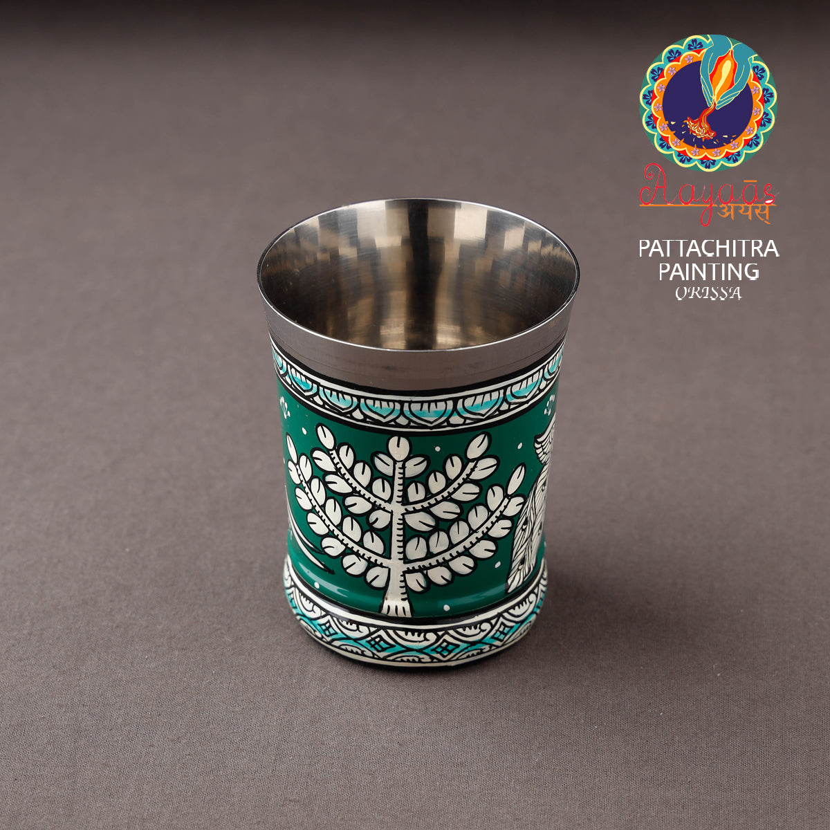 Green - Odisha Pattachitra Handpainted Stainless Steel Glass