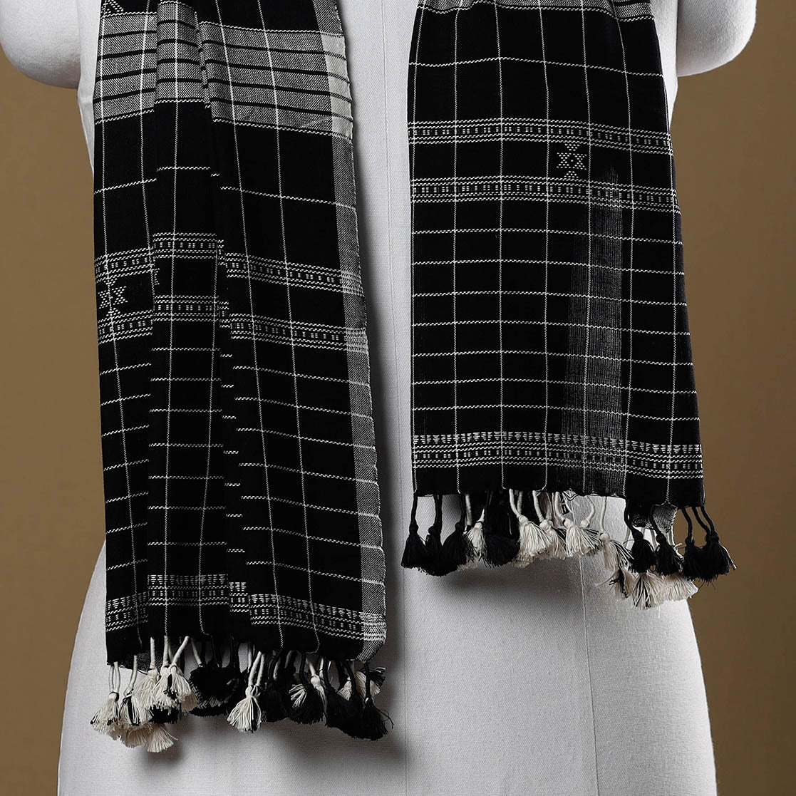 Black - Kutch Bhujodi Weave Handloom Cotton Stole with Tassels