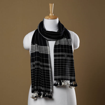 Black - Kutch Bhujodi Weave Handloom Cotton Stole with Tassels