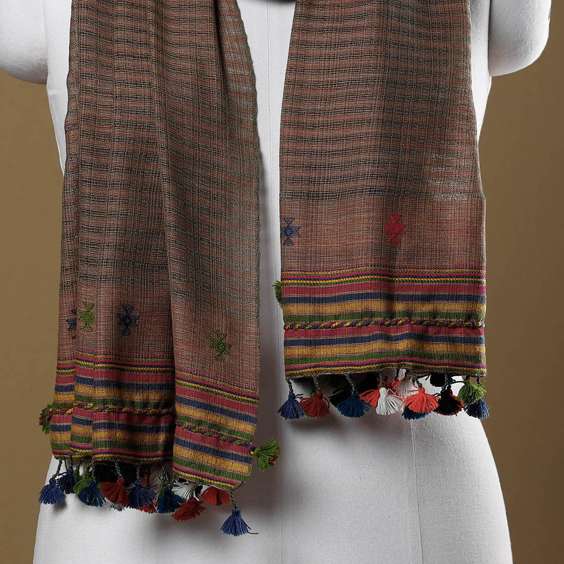 Brown - Kutch Bhujodi Weave Handloom Cotton Stole with Tassels