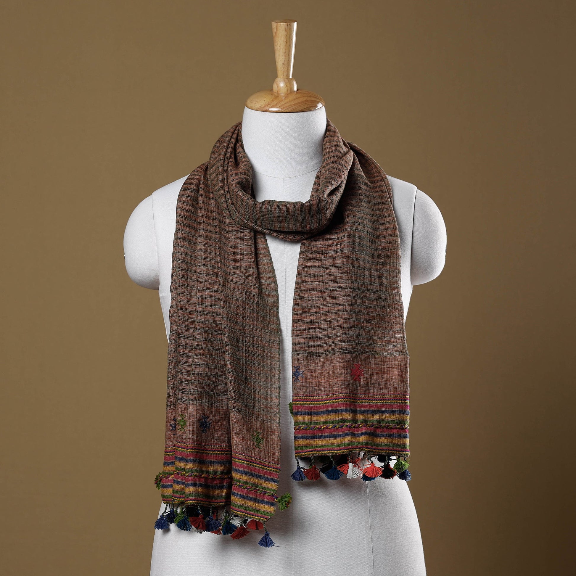 Brown - Kutch Bhujodi Weave Handloom Cotton Stole with Tassels