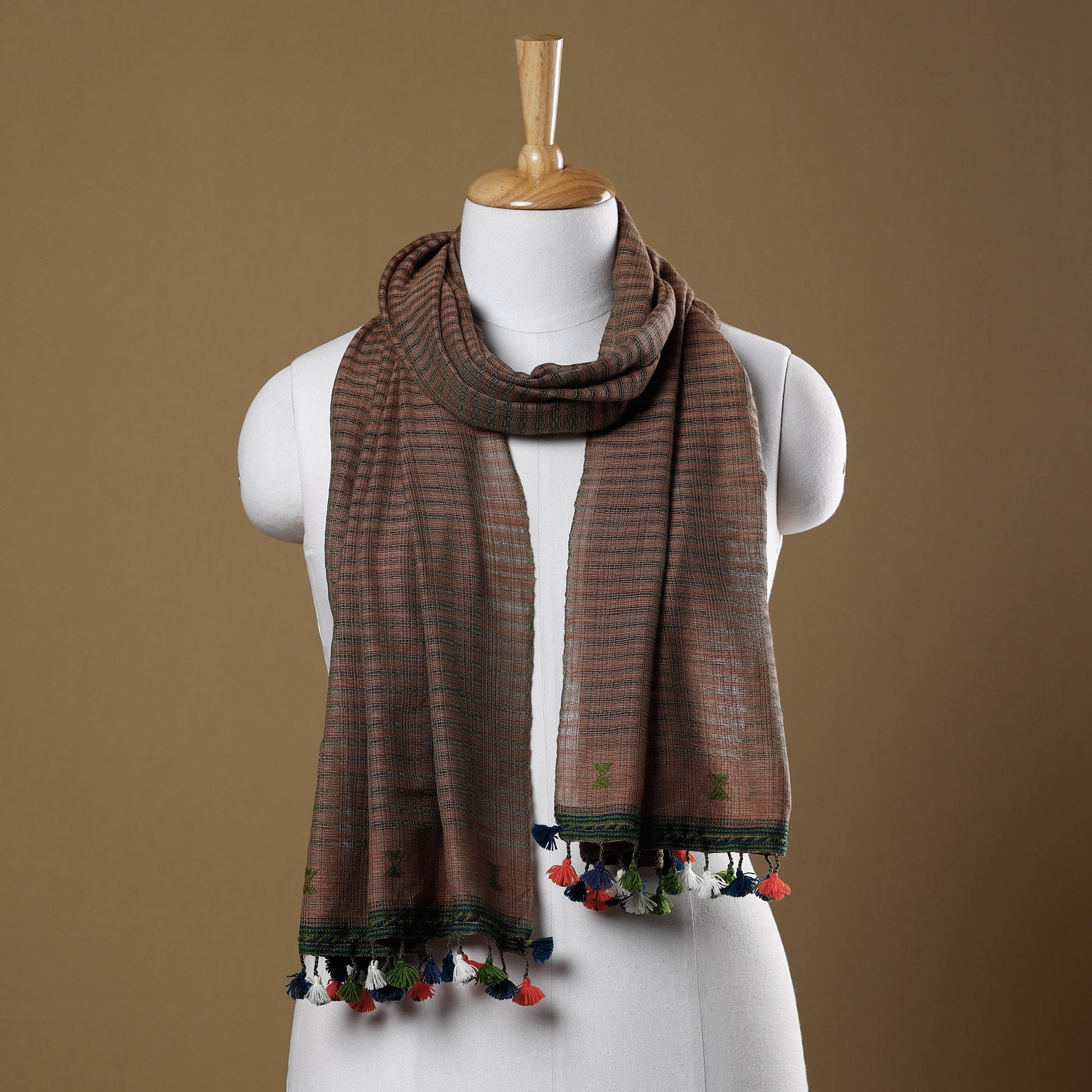 Brown - Kutch Bhujodi Weave Handloom Cotton Stole with Tassels