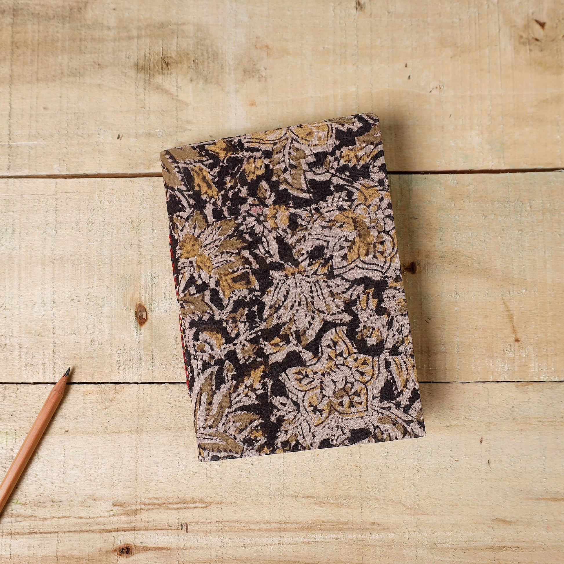 Black - Kalamkari Fabric Cover Handmade Paper Notebook (7 x 5 in)