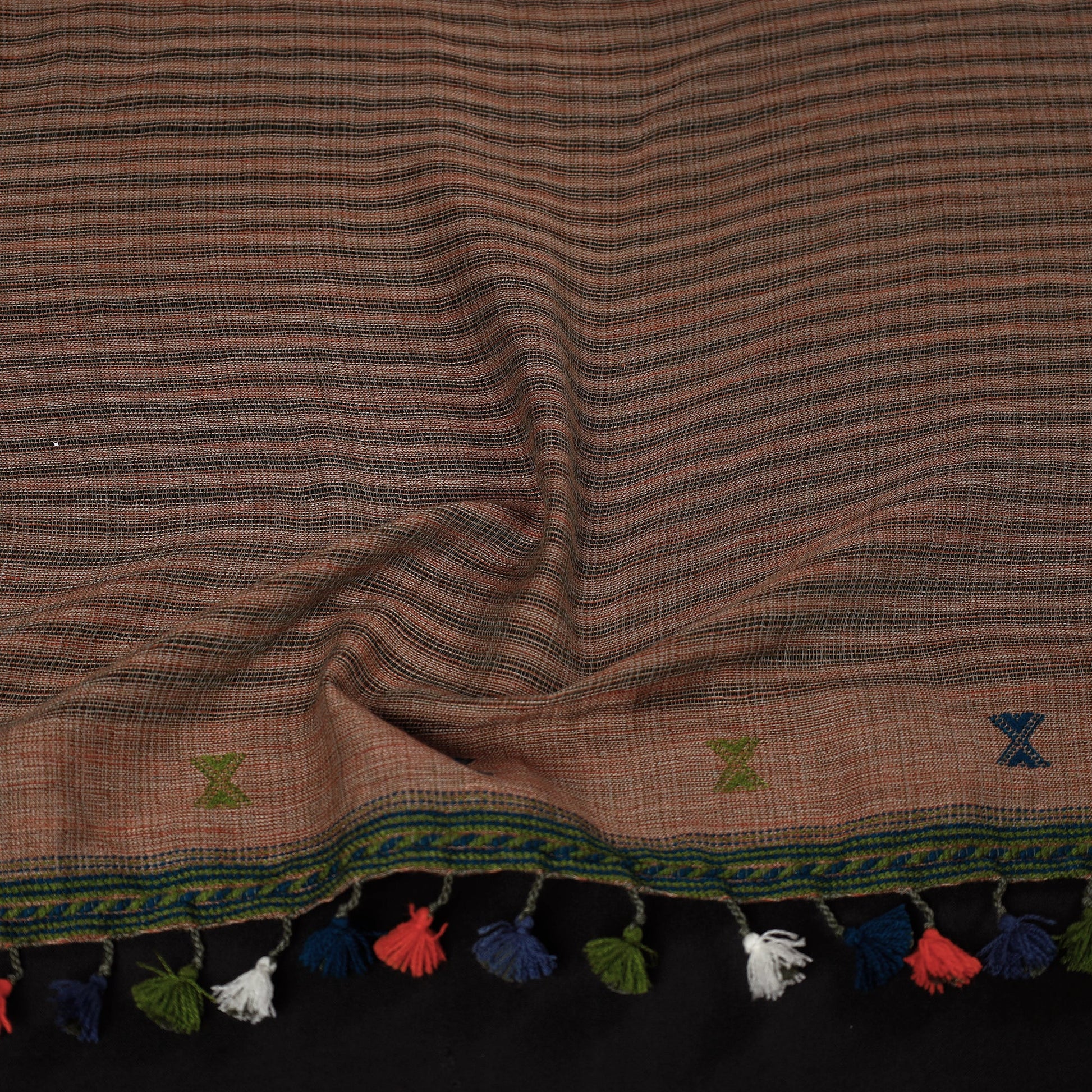 Brown - Kutch Bhujodi Weave Handloom Cotton Stole with Tassels