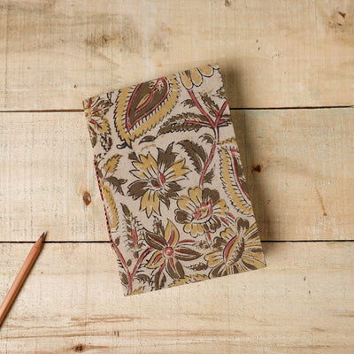 Beige - Kalamkari Fabric Cover Handmade Paper Notebook (7 x 5 in)