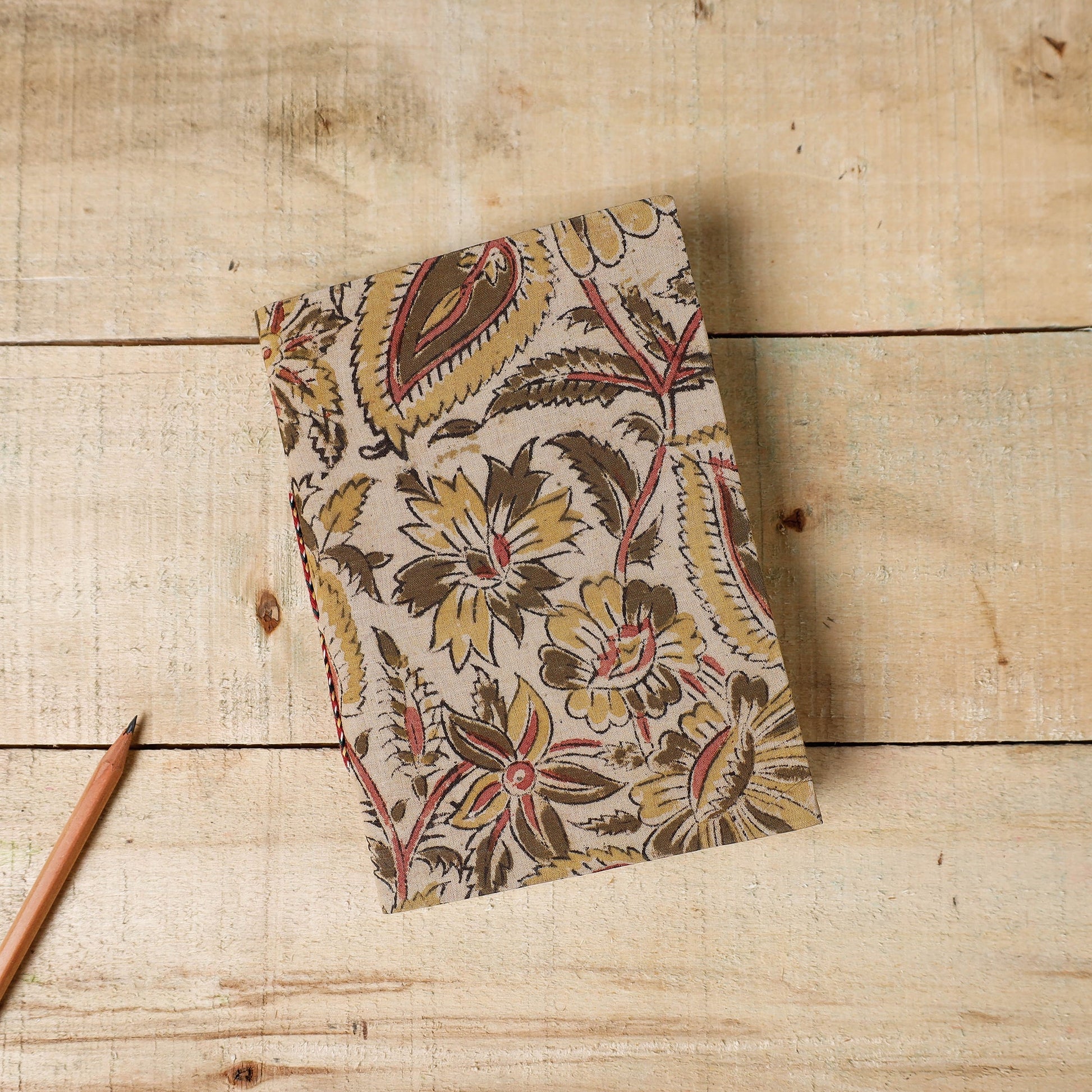 Beige - Kalamkari Fabric Cover Handmade Paper Notebook (7 x 5 in)