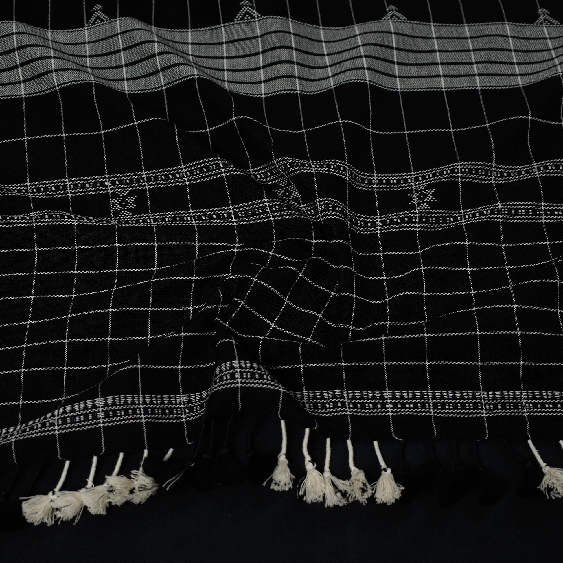 Black - Kutch Bhujodi Weave Handloom Cotton Stole with Tassels
