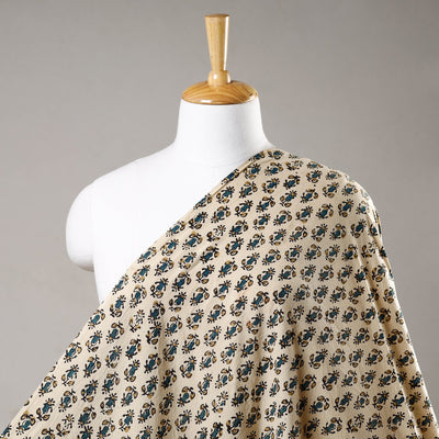 Beige - Bisque Green Florets Block Print Cotton Ajrakh Fabric 47