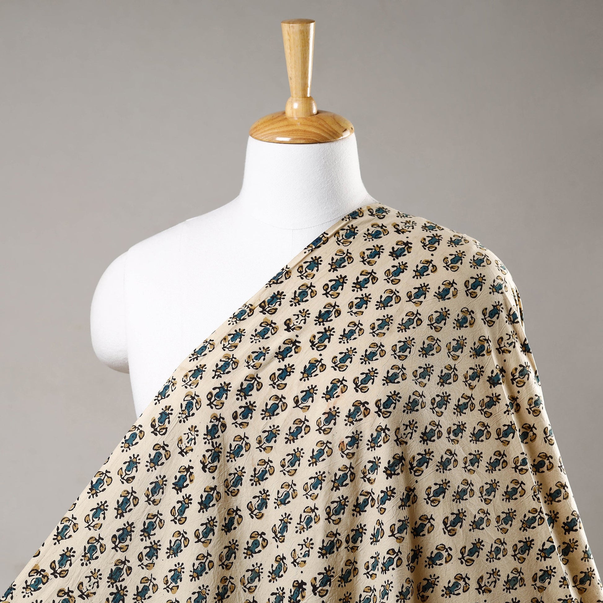 Beige - Bisque Green Florets Block Print Cotton Ajrakh Fabric 47