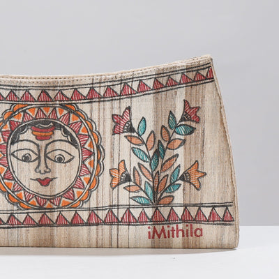 Beige - Madhubani Handpainted Tussar Silk Clutch