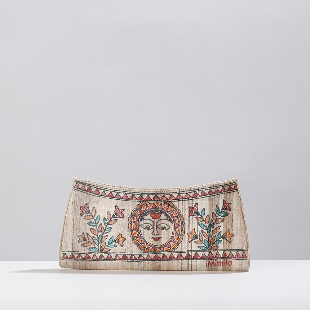 Beige - Madhubani Handpainted Tussar Silk Clutch