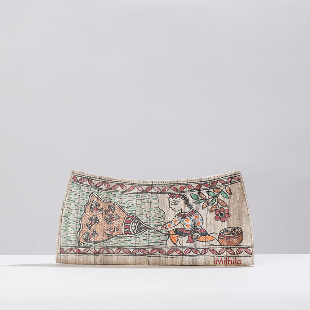 Beige - Madhubani Handpainted Tussar Silk Clutch