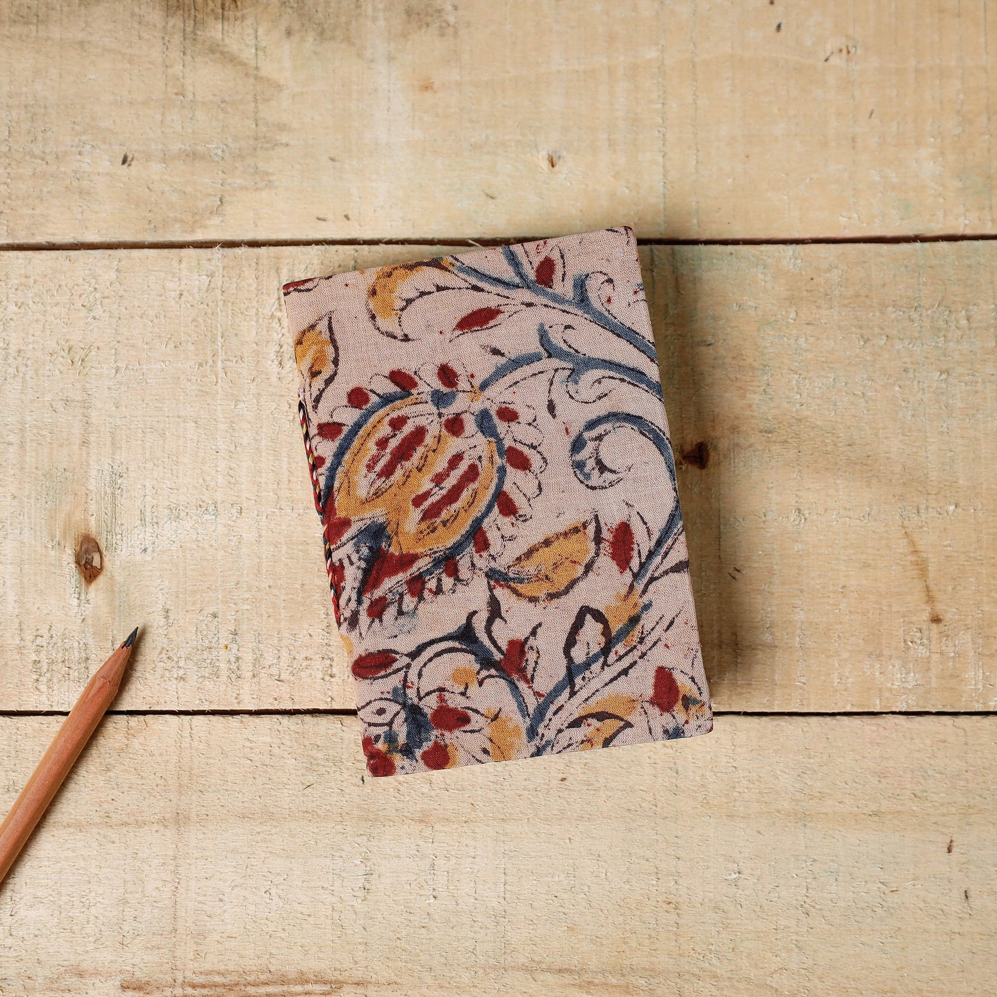 Beige - Kalamkari Fabric Cover Handmade Paper Notebook (5 x 3 in)