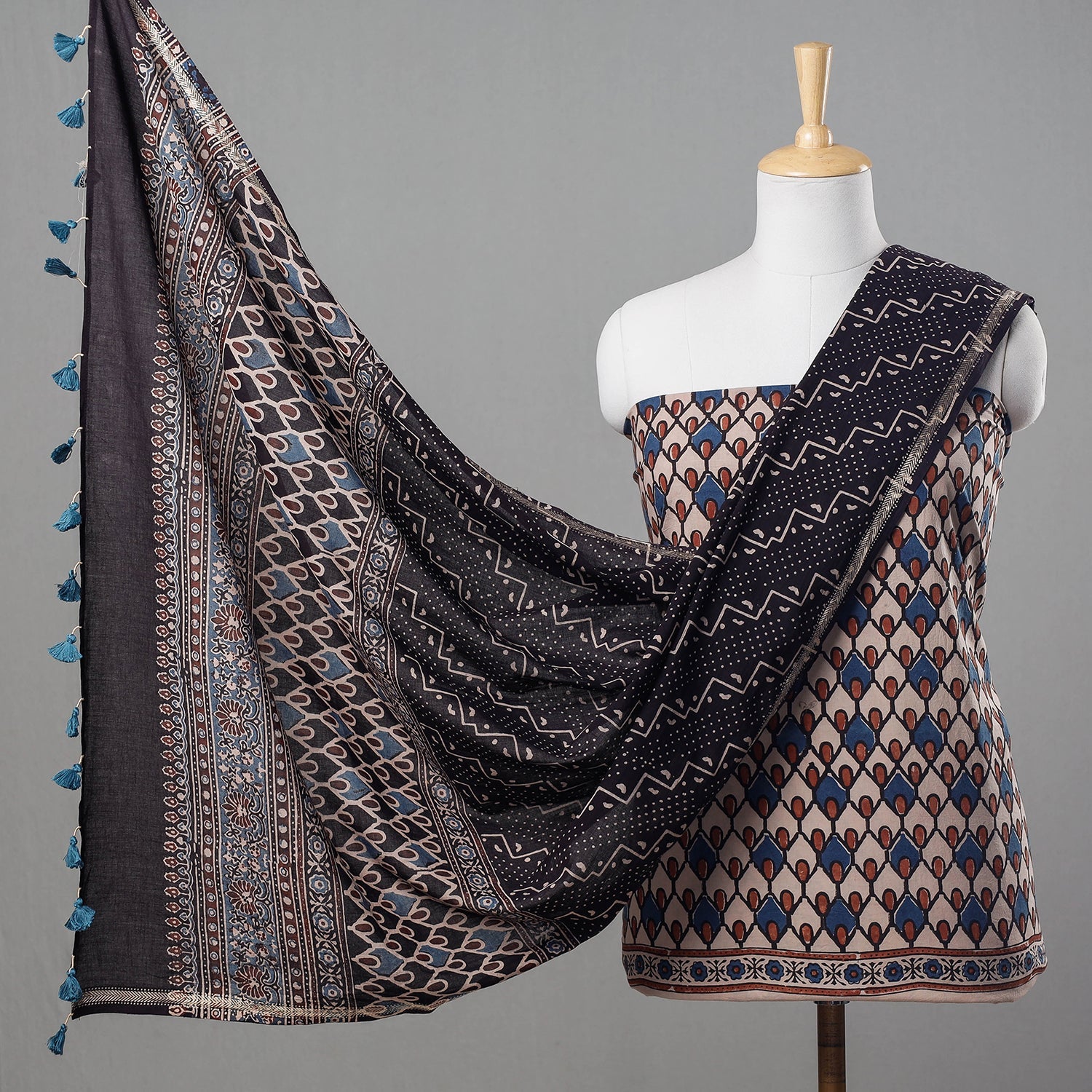 Beige - 3pc Ajrakh Block Printed Cotton Suit Material Set