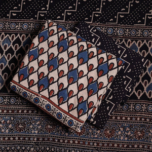 Beige - 3pc Ajrakh Block Printed Cotton Suit Material Set