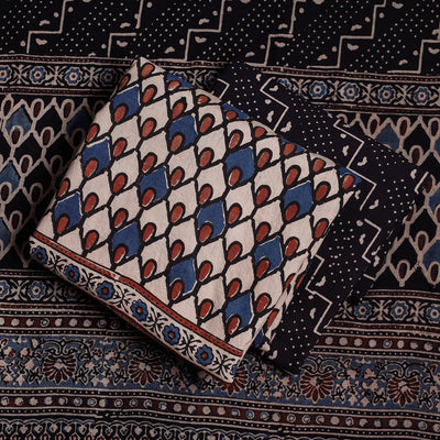 Beige - 3pc Ajrakh Block Printed Cotton Suit Material Set