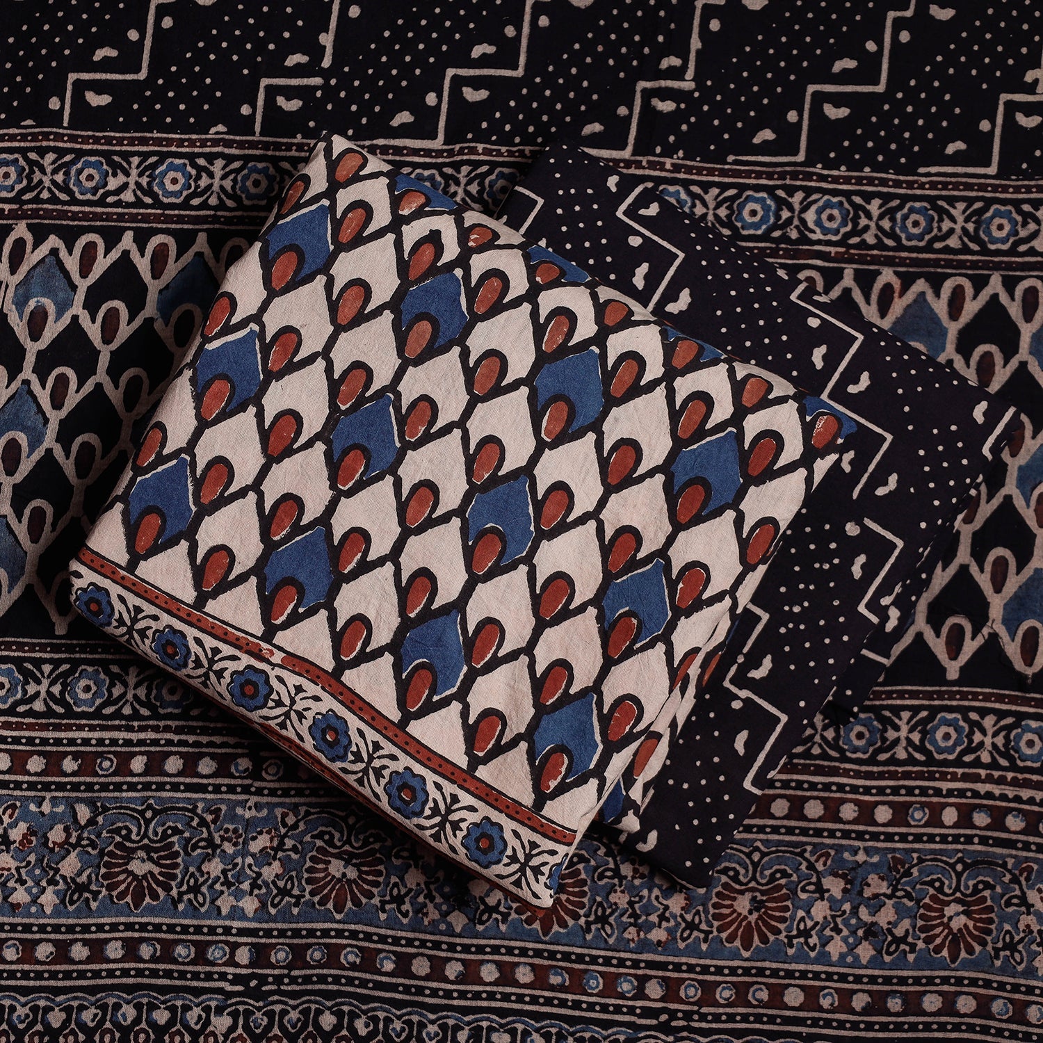 Beige - 3pc Ajrakh Block Printed Cotton Suit Material Set