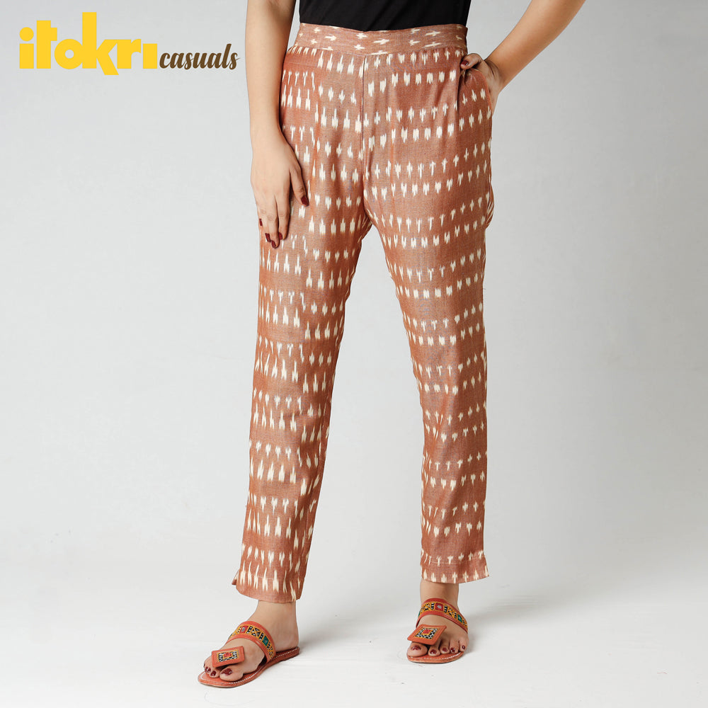 Brown - Pochampally Ikat Cotton Tapered Casual Pant for Women