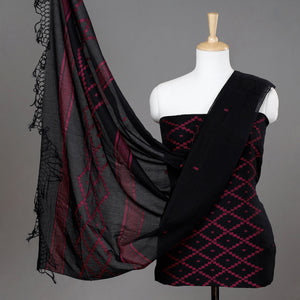 Black - 2pc Phulia Jamdani Weave Handloom Cotton Suit Material Set