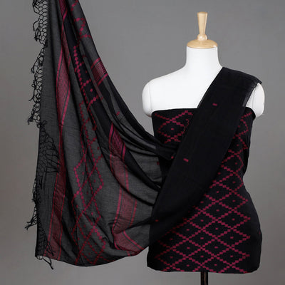 Black - 2pc Phulia Jamdani Weave Handloom Cotton Suit Material Set