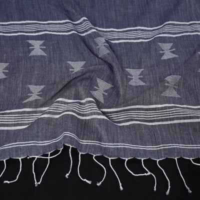 Blue - Burdwan Jamdani Buti Handloom Cotton Stole with Tassels