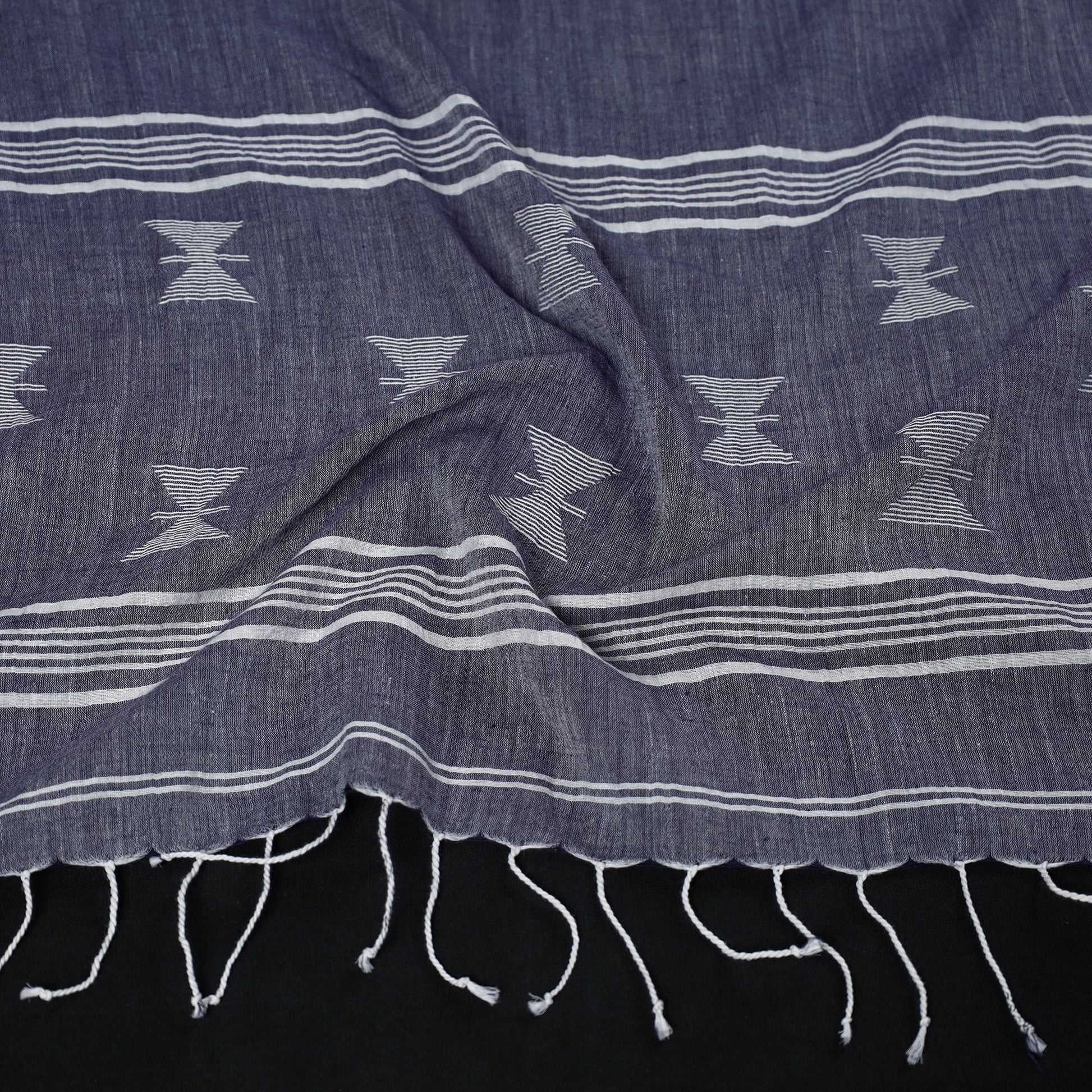 Blue - Burdwan Jamdani Buti Handloom Cotton Stole with Tassels