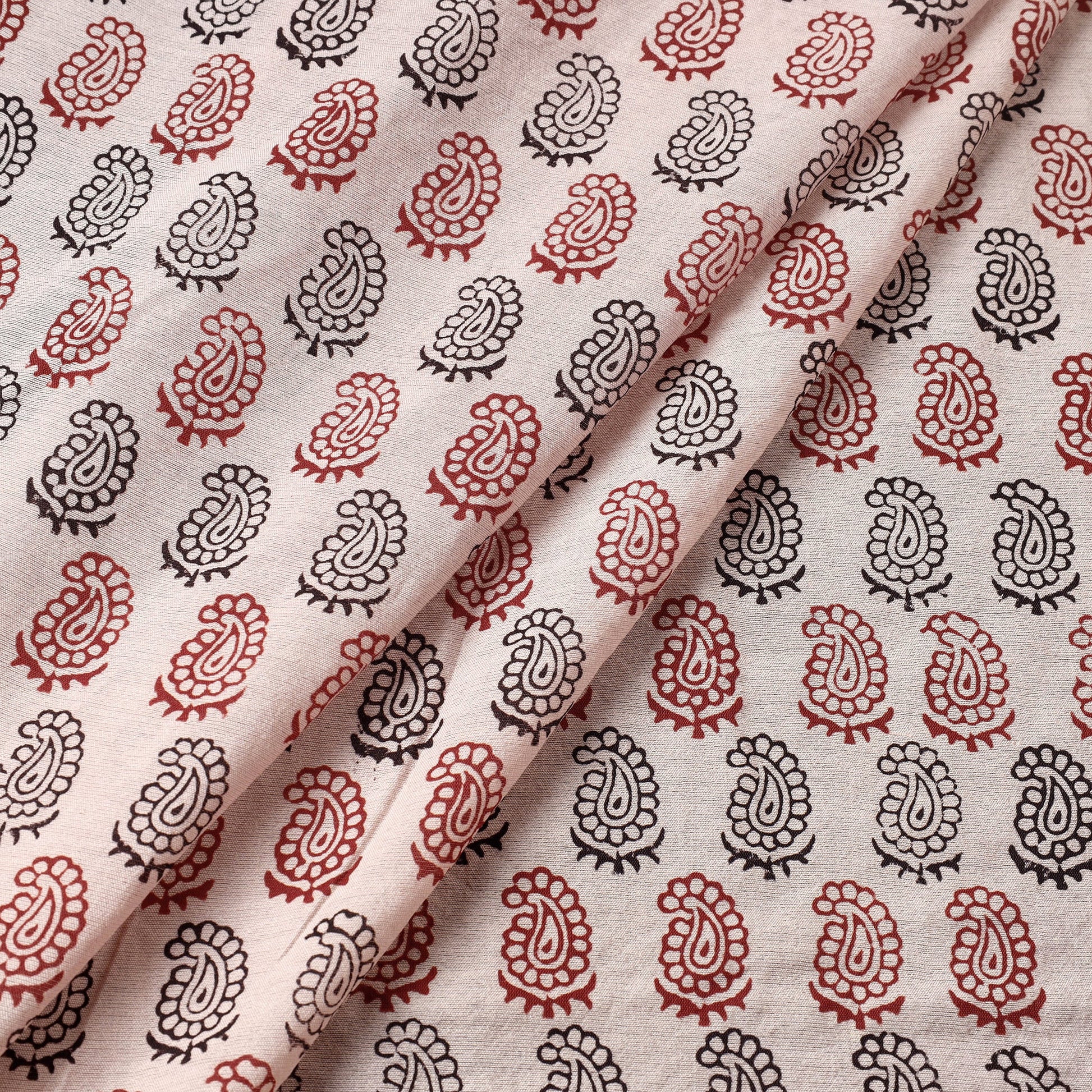 Beige - Chanderi Silk Handloom Bagh Block Print Fabric