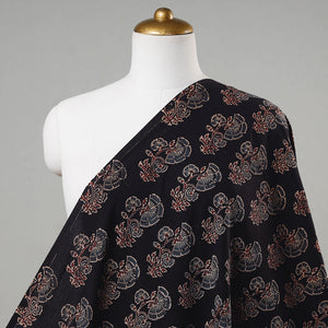 Black with Flower Motif Block Print Cotton Ajrakh Fabric