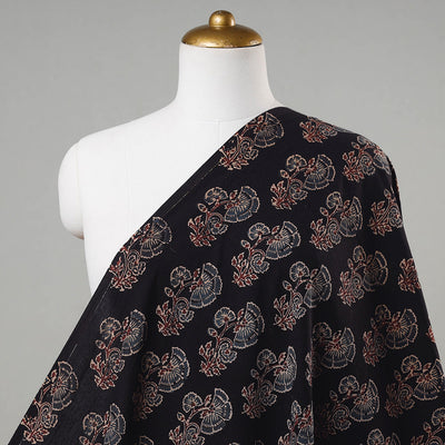 Black with Flower Motif Block Print Cotton Ajrakh Fabric
