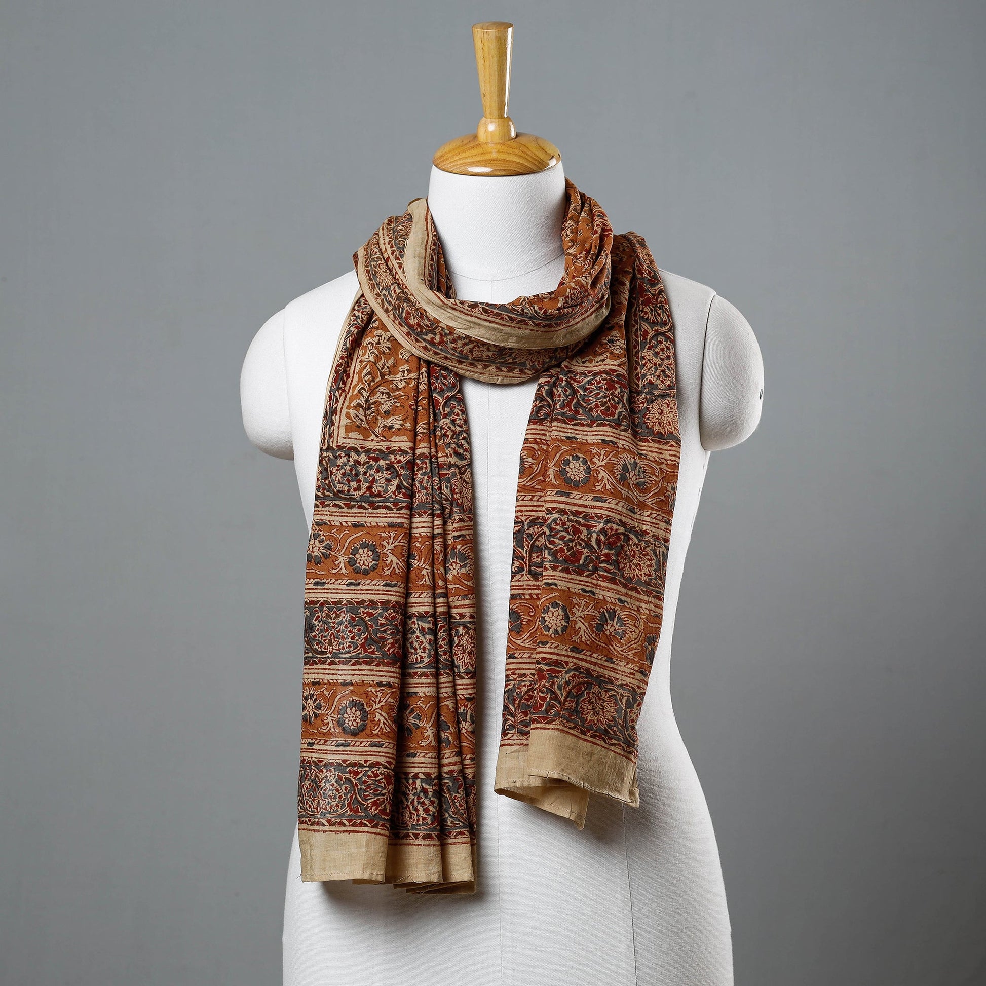 Brown - Kalamkari Block Printed Handloom Mangalagiri Cotton Stole