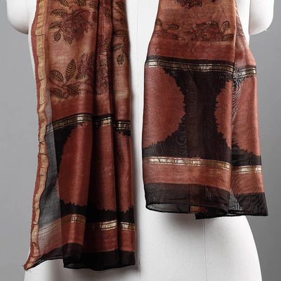 Brown - Bagru Block Printed Chanderi Silk Handloom Stole with Zari Border