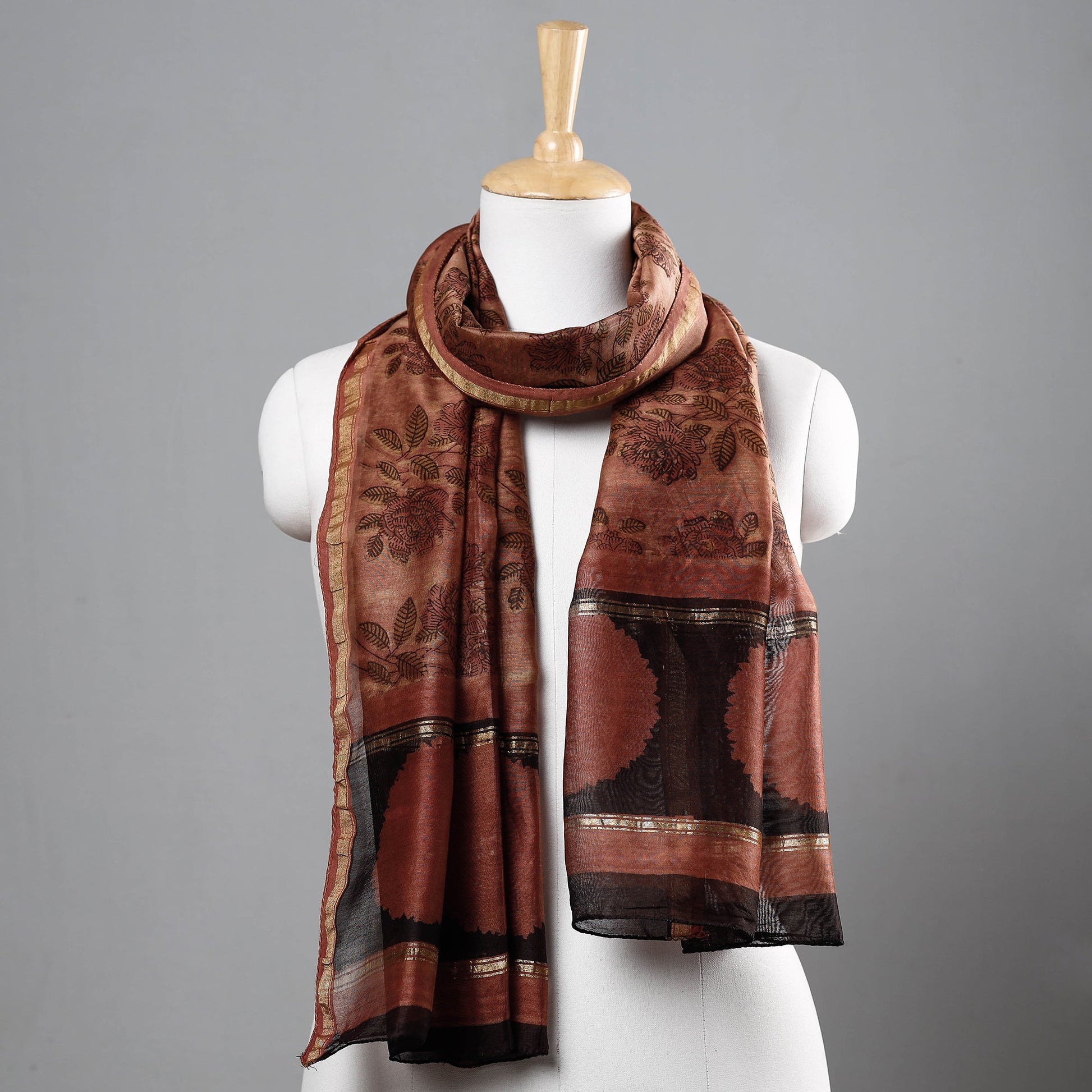 Brown - Bagru Block Printed Chanderi Silk Handloom Stole with Zari Border