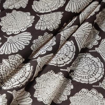 Brown - Beige Peacock Butta Bagru Block Print Cotton Fabric