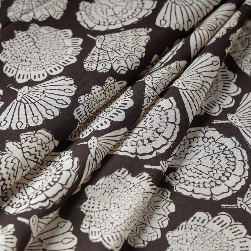 Brown - Beige Peacock Butta Bagru Block Print Cotton Fabric