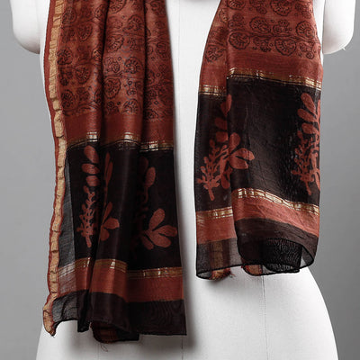 Brown - Bagru Block Printed Chanderi Silk Handloom Stole with Zari Border