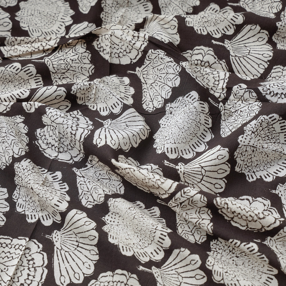 Brown - Beige Peacock Butta Bagru Block Print Cotton Fabric