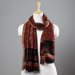 Brown - Bagru Block Printed Chanderi Silk Handloom Stole with Zari Border