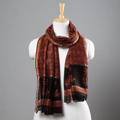Brown - Bagru Block Printed Chanderi Silk Handloom Stole with Zari Border