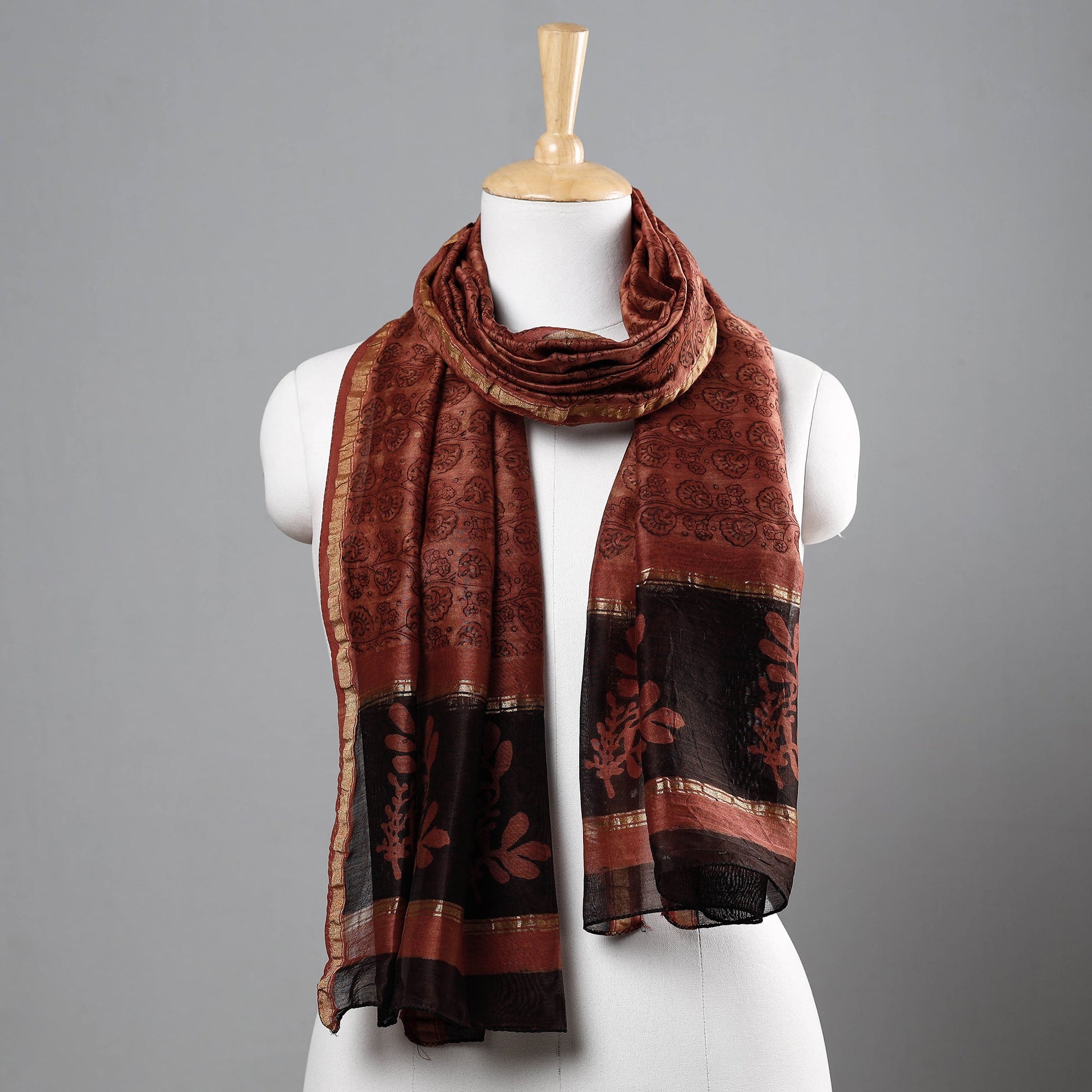 Brown - Bagru Block Printed Chanderi Silk Handloom Stole with Zari Border